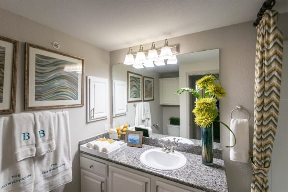 This is a photo of the bathroom of the 826 square foot 1 bedroom apartment at The Brownstones Townhome Apartments in Dallas, TX.