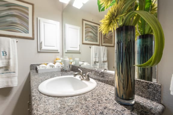 This is a photo of the bathroom in the 826 square foot 1 bedroom , 1 bath apartment at The Brownstones Townhome Apartments in Dallas, TX.