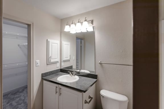 This is a photo of the first floor bathroom in the 1661 square foot 3 bedroom, 3 and a half bath floor plan at The Brownstones Townhome Apartments in Dallas, TX.