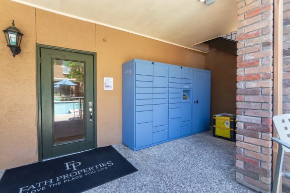 This is a photo of the package receipt locker system at The Brownstones Townhome Apartments in Dallas, TX.
