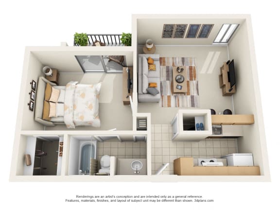 This is a 3D floor plan of a 582 square foot 1 bedroom apartment at Cambridge Court Apartments in Dallas, TX.