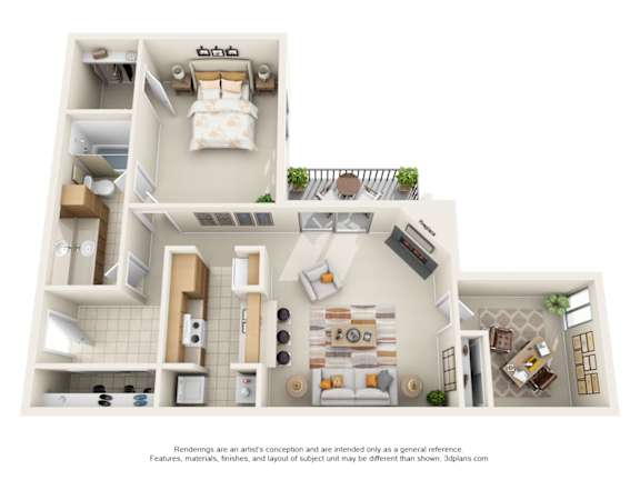 A 3D floor plan of a house with a kitchen, living room, and bedrooms.