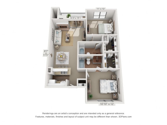 This is a 3D floor plan of a 880 square foot 2 bedroom apartment at Canyon Creek Apartments in Dallas, TX.
