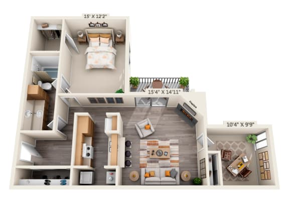 Floor Plan  This is a 3D floor plan of a 982 square foot 1 bedroom, 1 bath with den apartment at Cambridge Court Apartments in Dallas, TX.