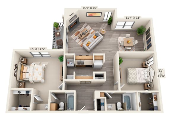 Floor Plan  This is a 3D floor plan of a 1245 square foot 2 bedroom, 2 bath apartment at Cambridge Court Apartments in Dallas, TX.