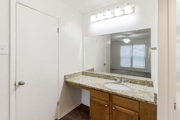 This is a photo of the primary bathroom vanity in the 1245 square foot 2 bedroom, 2 bath apartment at Cambridge Court Apartments in Dallas, TX.
