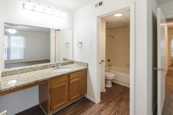 This is a photo of the primary full bath in the 1245 square foot 2 bedroom, 2 bath apartment at Cambridge Court Apartments in Dallas, TX.