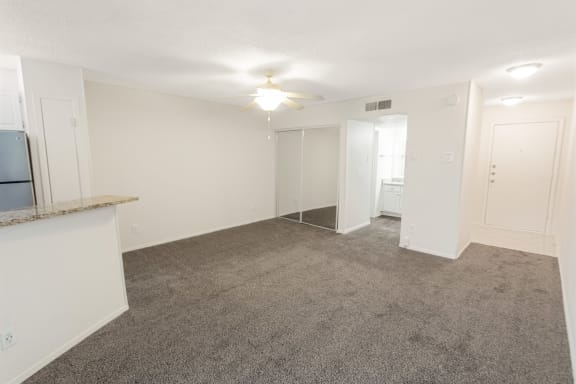 This is a photo of the living area in the 450 square foot efficiency apartment at Cambridge Court Apartments in Dallas, TX.