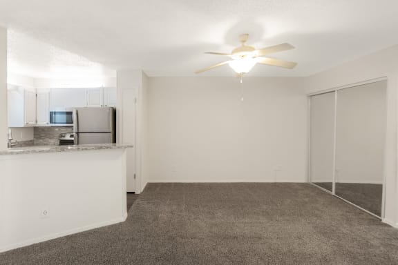 This is a photo of the kitchen in the 450 square foot efficiency apartment at Cambridge Court Apartments in Dallas, TX.
