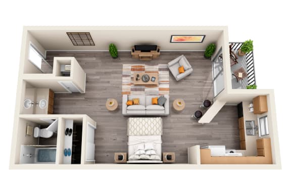This is a 3D floor plan of a 530 square foot efficiency apartment at Cambridge Court Apartments in Dallas, TX.