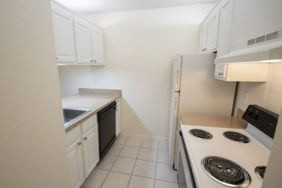 This is a photo of the kitchen of a 582 square foot 1 bedroom apartment at Cambridge Court Apartments in Dallas, TX.