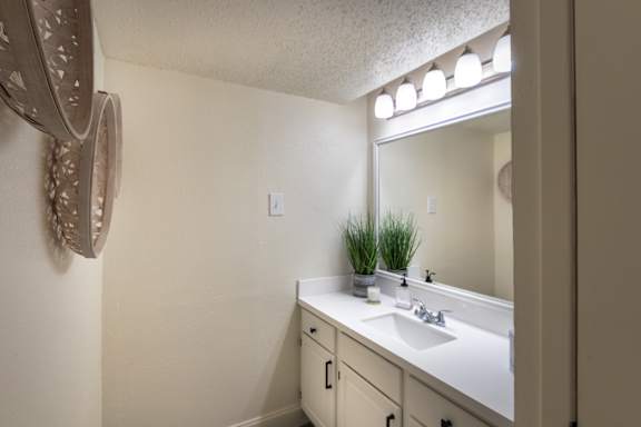 Bathroom vanity in a 1-bedroom apartment at Cambridge Court Apartments in Dallas, Texas, featuring a wide counter, double-sink vanity, mirror, and overhead lighting.