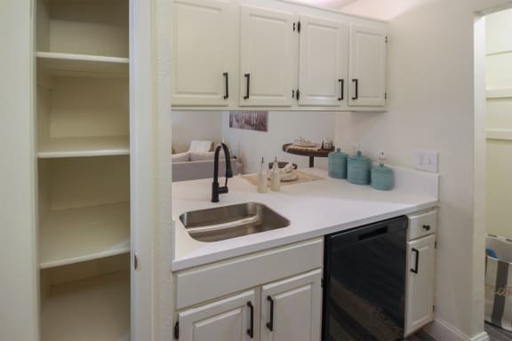 Photo of the kitchen showing the pantry in a 692 square foot 1 bed, 1 bath model aprtment at Cambridge Court Apartments in Dallas Texas