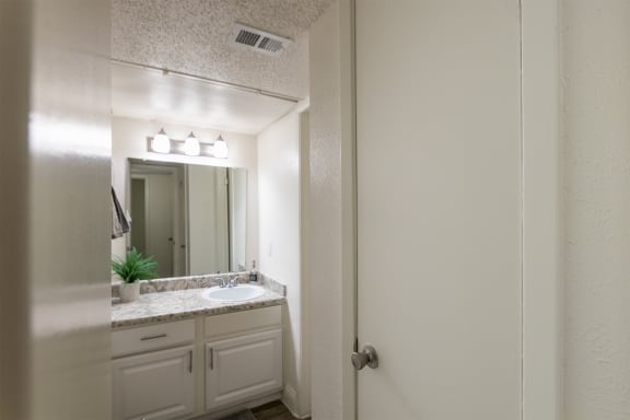 This is a photo of the bathroom vanity from the hallway of the 575 square foot 1 bedroom, 1 bath apartment at Canyon Creek Apartments in Dallas, TX
