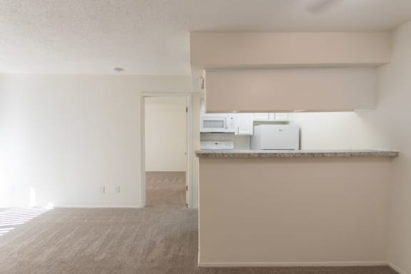 This is a photo of the kitchen and living area from the entryway in a 515 square foot 1 bedroom, 1 bath apartment at Canyon Creek Apartments in Dallas, TX