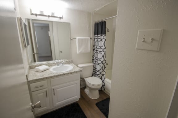 This is a photo of the bathroom of the 515 square foot 1 bedroom apartment at Canyon Creek Apartments in Dallas, TX