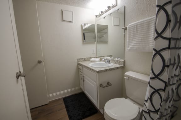 This is a photo of the bathroom of the 515 square foot 1 bedroom apartment at Canyon Creek Apartments in Dallas, TX