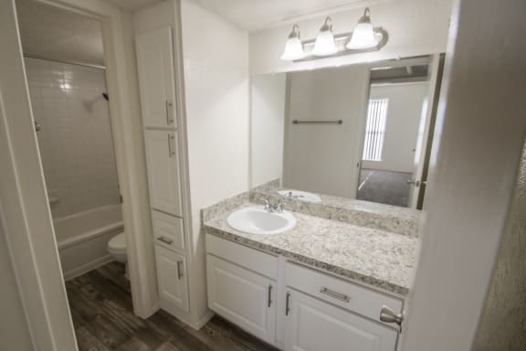 This is a photo of the bathroom of the 550 square foot 1 bedroom apartment at Canyon Creek Apartments in Dallas, TX