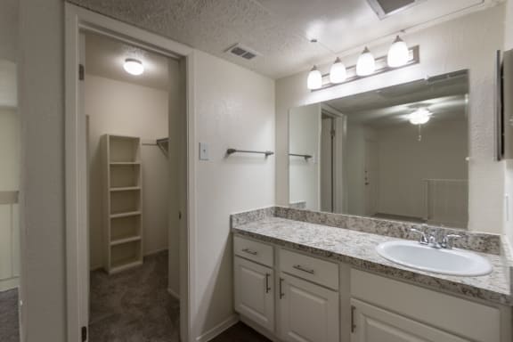 This is a photo of the bathroom vanity and walk-in closet with built-in shelving in a 717 square foot 1 bedroom, 1 bath apartment at Canyon Creek Apartments in Dallas, TX
