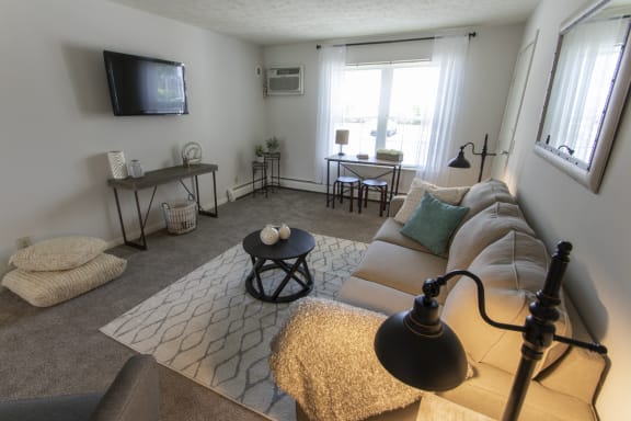 This is a photo of the living room in the 740 square foot 1 bedroom model apartment at Compton Lake Apartments in Mt. Healthy, OH.