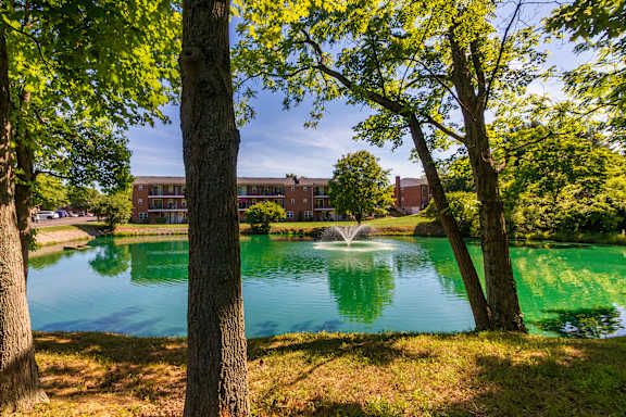 Scenic view of the private stocked fishing pond framed by mature trees at Compton Lake Apartments