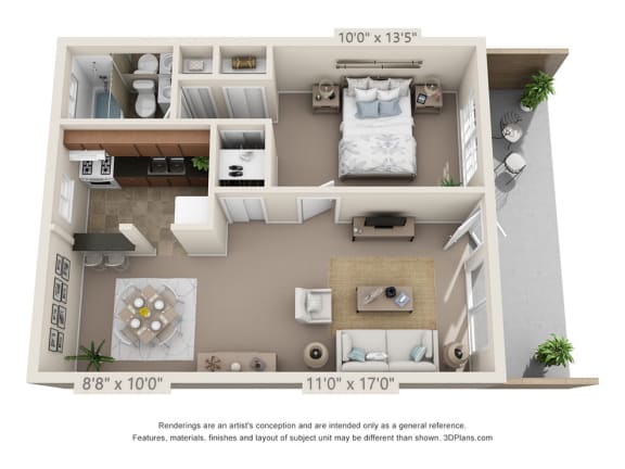This is a 3D floor plan of a 550 square foot 1 bedroom, patio apartment at College Woods Apartments in Cincinnati, OH.