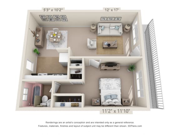 This is a 3D floor plan of a 631 square foot 1 bedroom apartment at Colonial Ridge Apartments in Cincinnati, OH.
