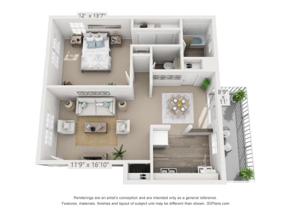 This is a 3D floor plan of a 740 square foot 2 bedroom, balcony apartment at Compton Lake Apartments in Mt. Healthy, OH.