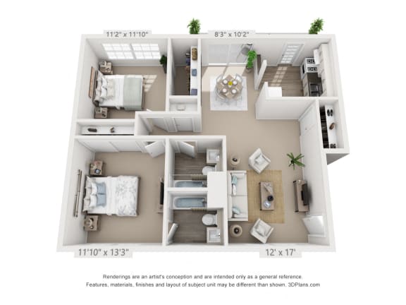 This is a 3D floor plan of a 880 square foot 2 bedroom, patio apartment at Compton Lake Apartments in Mt. Healthy, OH.