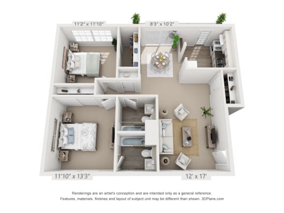 This is a 3D floor plan of a 880 square foot 2 bedroom, balcony apartment at Compton Lake Apartments in Mt. Healthy, OH.