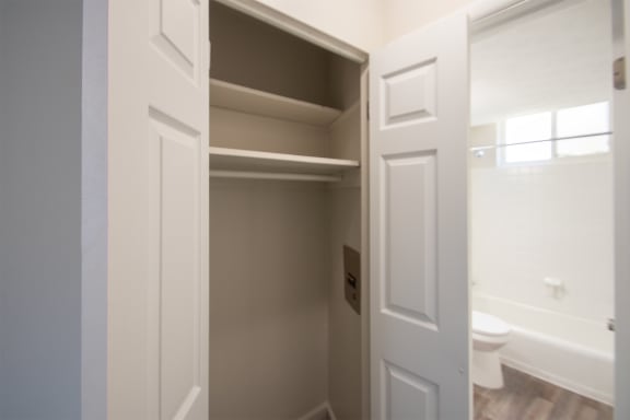 This is a photo of one of the two bedroom closets in the 631 square foot, 1 bedroom/1 bath Montgomery floor plan at Colonial Ridge Apartments in the Pleasant Ridge neighborhood of Cincinnati, OH.