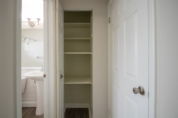 This is a photo of the hall linen closet in the 631 square foot, B-style (Ranch) 1 bedroom/1 bath floor plan at Colonial Ridge Apartments in the Pleasant Ridge neighborhood of Cincinnati, OH.