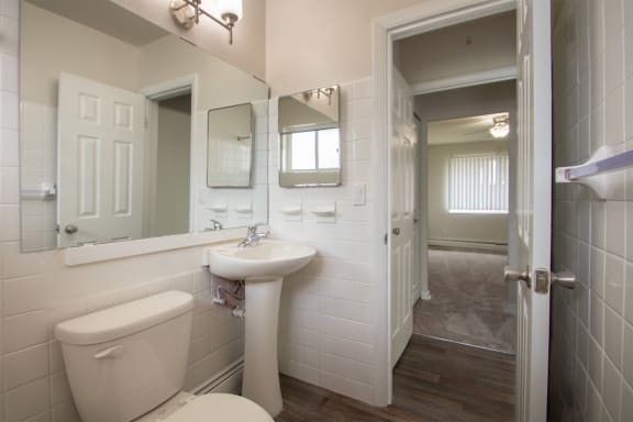This is a photo of the nathroom in the 631 square foot, B-style (Ranch) 1 bedroom/1 bath floor plan at Colonial Ridge Apartments in the Pleasant Ridge neighborhood of Cincinnati, OH.