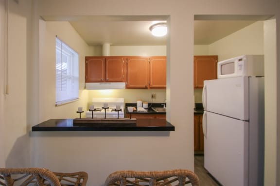 This is a photo of the kitchen with pass through breakfast bar of the 550 square foot 1 bedroom, 1 bath, balcony floor plan model apartment at College Woods Apartments in Cincinnati, OH.