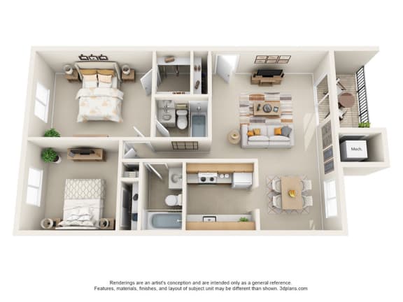 This is a 3D floor plan of a 950 square foot 2 bedroom apartment at Deer Hill Apartments in Cincinnati, OH.