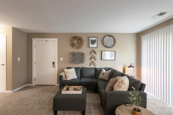 This is a photo of the living room in the upgraded 650 square foot, 1 bedroom, 1 bath model apartment at Deer Hill Apartments in Cincinnati, Ohio.