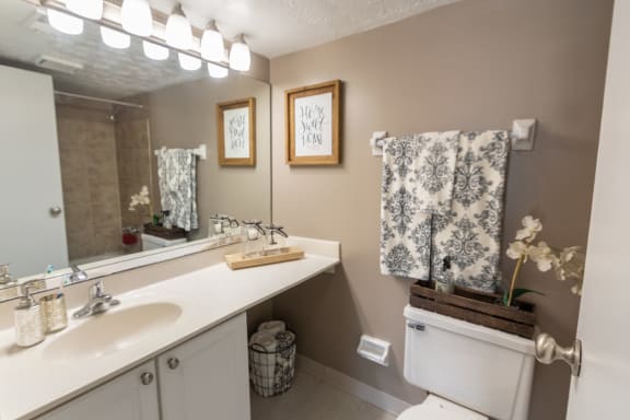This is a photo of the bathroom in the upgraded 650 square foot, 1 bedroom model apartment at Deer Hill Apartments in Cincinnati, Ohio.
