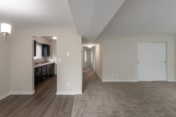 This is a photo of the hallway from the living/dining area in an upgraded 950 square foot, 2 bedroom apartment at Deer Hill Apartments in Cincinnati, OH.