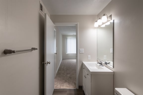 This is a photo of the primary bathroom in an upgraded 950 square foot, 2 bedroom apartment at Deer Hill Apartments in Cincinnati, OH.