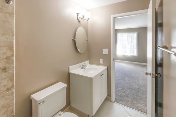 This is a photo of the master bathroom of an upgraded 950 square foot, 2 bedroom apartment at Deer Hill Apartments in Cincinnati, OH.