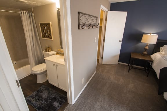 This is a photo looking onto the master bathroom in a 2 bedroom apartment at Deer Hill Apartments in Cincinnati, OH.