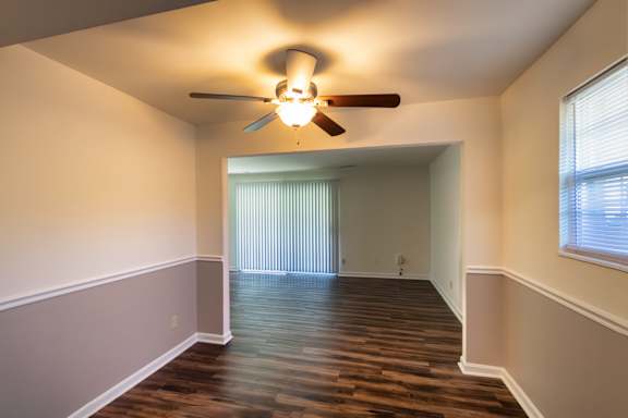 The dining room with in the 1460 square foot, 3 bedroom, 2 and a half bath townhome at Fairfield Pointe Apartments in Fairfield, OH.