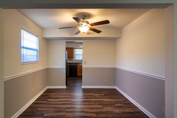 The dining room with in the 1460 square foot, 3 bedroom, 2 and a half bath townhome at Fairfield Pointe Apartments in Fairfield, OH.
