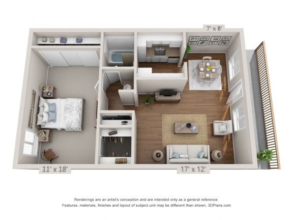 Floor Plan  This is a 3D floor plan of a 653 square foot 1 bedroom apartment at Harvard Square Apartments in Dallas, TX.