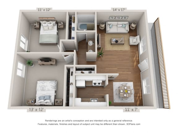 Floor Plan  This is a 3D floor plan of a 871 square foot 2 bedroom apartment at Harvard Square Apartments in Dallas, TX.