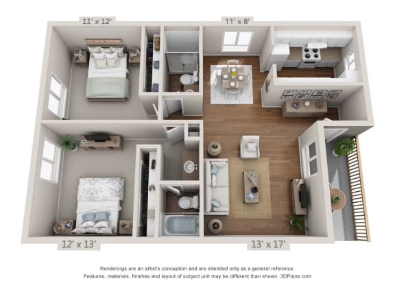 Floor Plan  This is a 3D floor plan of a 965 square foot 2 bedroom apartment at Harvard Square Apartments in Dallas, TX.