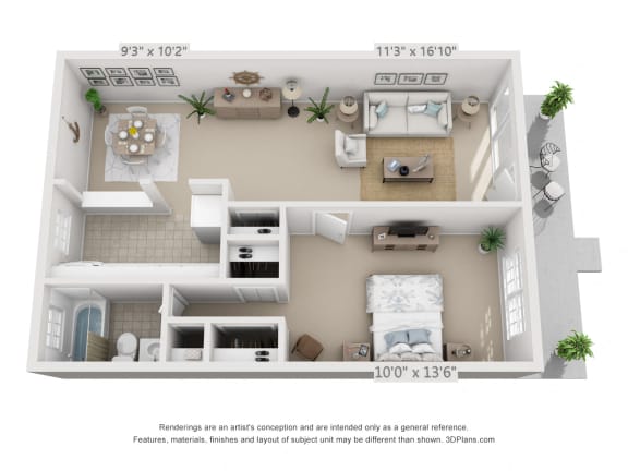 This is a 3D floor plan of a 631, A-style square foot 1 bedroom apartment at Lake of the Woods Apartments in Cincinnati, OH.