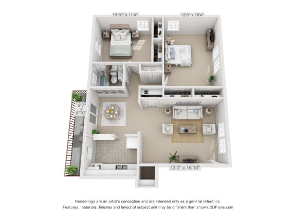 This is a 3D floor plan of a 966 square foot 2 bedroom apartment at Lake of the Woods Apartments in Cincinnati, OH.
