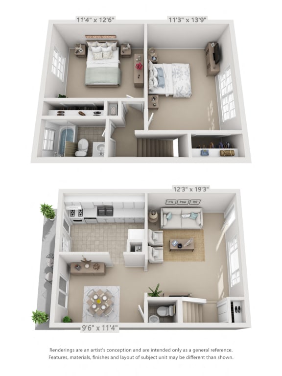 This is a 3D floor plan of a 1004 square foot 2 bedroom townhome at Lake of the Woods Apartments in Cincinnati, OH.