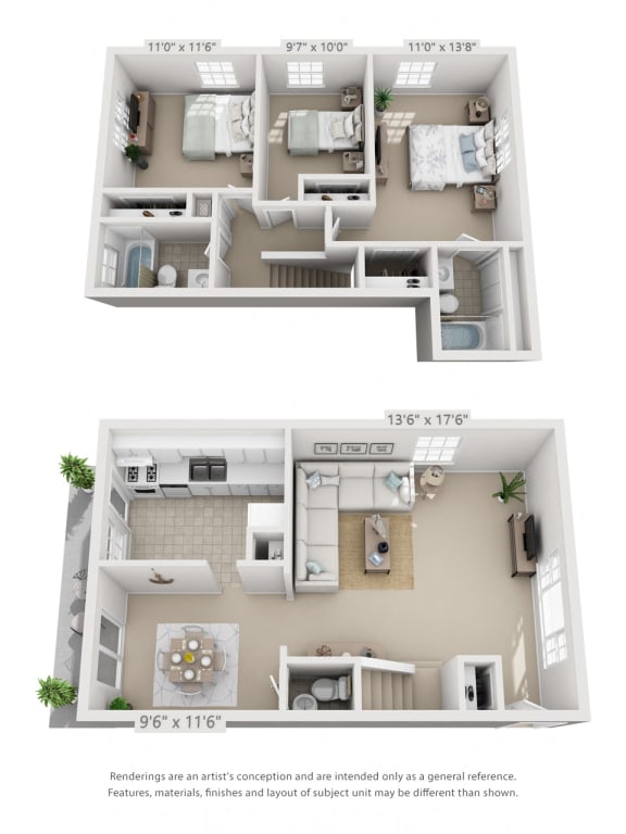 This is a 3D floor plan of a 1229 square foot 3 bedroom townhome at Lake of the Woods Apartments in Cincinnati, OH.